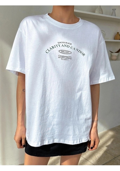 Startmore Kadın Beyaz Clarity And Candor Baskılı Oversize T-shirt Beyaz