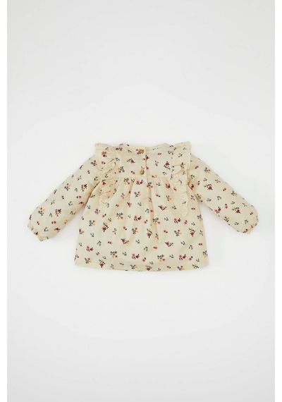 Defacto Kız Bebek Bisiklet Yaka Twill Çiçek Desenli Uzun Kollu Gömlek D2993A524AUBG744 Bej