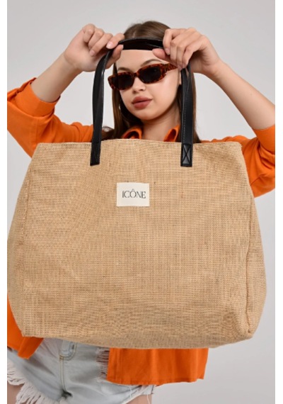 İcone Bag Kadın Çantası, Kadın Hasır El Ve Omuz Çantası, Hasır Çanta, Keten Çanta, Straw Bag Bej