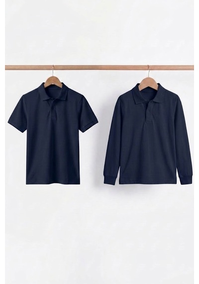 Nacar Store Unisex Çocuk Uzun Ve Kısa Kollu Polo Yaka Okul Tişörtü 2'li Set Lacivert