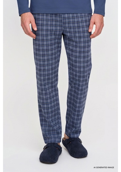 AC&Co / Altınyıldız Classics Erkek Indıgo %100 Pamuk Standart Fit Hakim Yaka Desenli Cepli Pijama Takımı İndigo