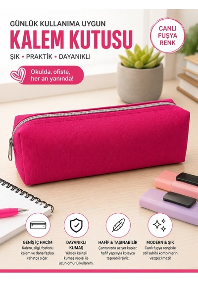 Canlı Renkli Kullanımı Rahat Orta Boy Kalem Kutusu Fuşya Koyu Pembe
