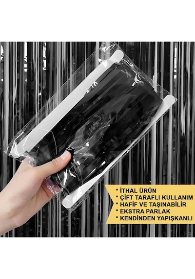 Mey İthalat Siyah Renk Ekstra Metalize Parlak Saçaklı Arka Fon Perde İthal 1x2 Metre