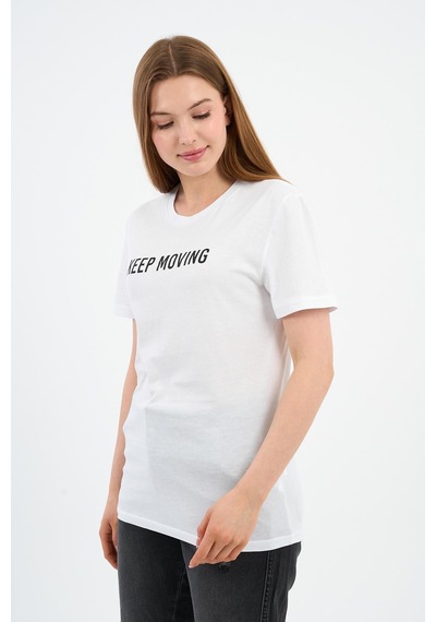 Baskılı Bisiklet Yaka Pamuklu T-shirt Beyaz