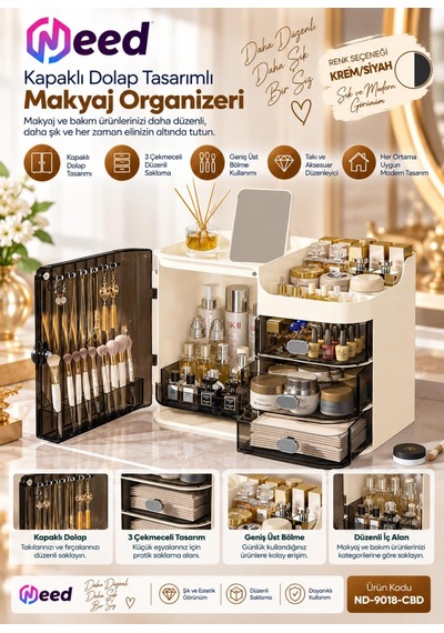 Need Kapaklı Dolap Tasarımlı 3 Çekmeceli Makyaj Organizeri Ve Takı Düzenleyici Krem/siyah Nd-9018-cbd
