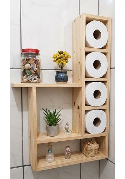 100x60 Cm Dev Boy Masif Ham Ahşap Banyo Rafı - 6 Geniş Bölmeli Tuvalet Kağıtlığı Ve Düzenleyici Bej
