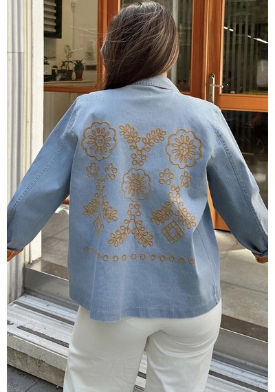 Kadın Mavi Arkası Çiçek Nakış İşlemeli, Kontrast Renk Katlamalı, Uzun Kol, Denim Kot Ceket Mavi Kadın Mavi Arkası Çiçek Nakış İşlemeli, Kontrast Renk Katlamalı, Uzun Kol, Denim Kot Ceket Mavi