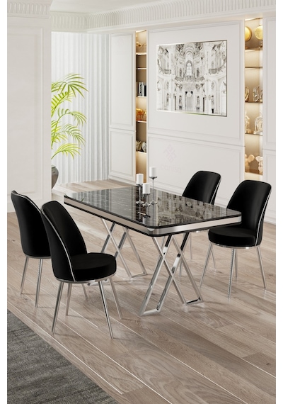 Canisa Vals Serisi 80x130 Lak Panel Siyah Mermer Desen Masa Takımı Krom Ayaklı 4 Siyah Sandalye Masa Siyah Mermer Desen Sandalye Siyah Canisa Vals Serisi 80x130 Lak Panel Siyah Mermer Desen Masa Takımı Krom Ayaklı 4 Siyah Sandalye Masa Siyah Mermer Desen Sandalye Siyah