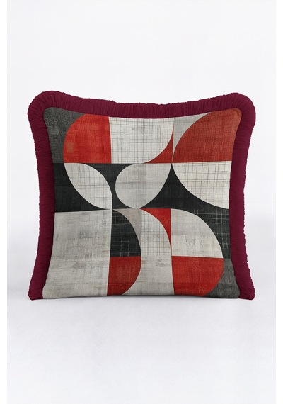 Geometrik Soyut Desen Saçaklı Yastık Kılıfı - Retro Eklektik Gri Siyah Bordo Püsküllü Kırlent Kılıfı Puslu Sahil Ritüel