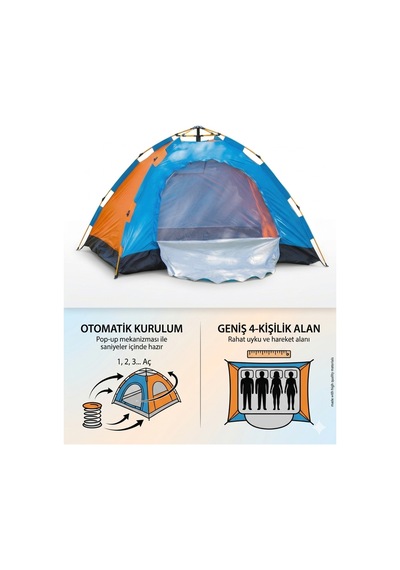 4 Kişilik Otomatik Kamp Çadırı - Su Geçirmez, Uv & Toz Korumalı, Pratik Kurulum, 200x200x140cm Renkli
