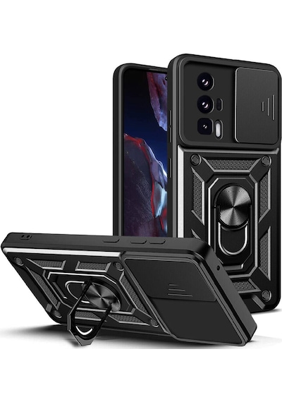 Rba Aksesuar Poco F5 Pro Kılıf Magnetik Standlı Kamera Korumalı Rba Sürgülü Vega Kapak - Siyah Siyah