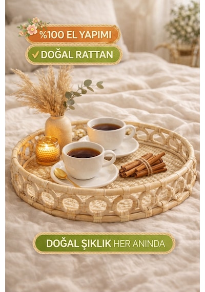 El Yapımı Doğal Rattan Tepsi Yuvarlak Sunum Kahve Servis Dekoratif Tepsi 30x7 Cm
