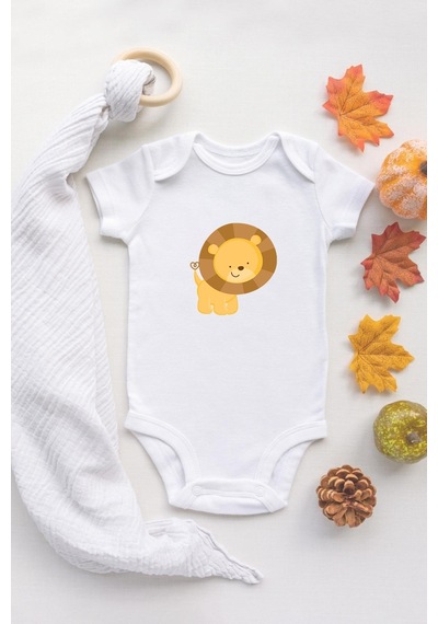 Tuğba Baby Sevmli Aslan Baskılı Beyaz Bebek Body %100 Pamuklu Organik Baskılı Çıtçıtlı Bebek Badi Zıbın Beyaz