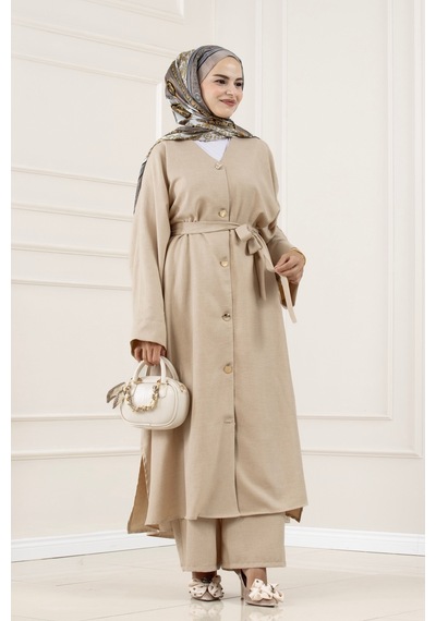 Sevitli Düğmeli Davin Abaya İkili Takım-bej-5977