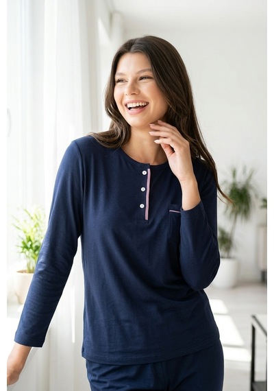 Mataş Kadın Pamuklu Uzun Kollu Üç Düğmeli Biyeli Soft Örme Yumuşak Pijama Takımı Lacivert