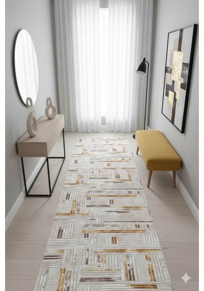 Kahverengi Geometrik Desenli Koridor Halısı Modern Boho Runner Halı Kaymaz Tabanlı, Yıkanabilir, Uzun Halı Fch3005 Bej
