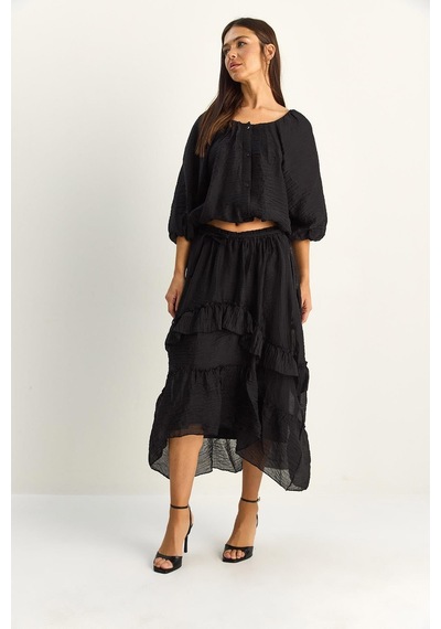 Shade Kadın Bel Lastikli Kayık Yaka Bluz Asimetrik Kat Detaylı Maxi Etek Astarlı Takım 7646 60286142 - Siyah Shade Kadın Bel Lastikli Kayık Yaka Bluz Asimetrik Kat Detaylı Maxi Etek Astarlı Takım 7646 60286142 - Siyah