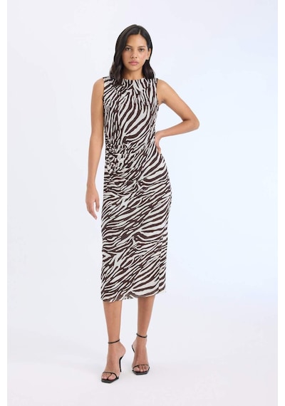 Defacto Bodycon Vücudu Saran Yarım Balıkçı Yaka Zebra Desenli Tül Kolsuz Midi Elbise E2903AX25SP Kahve