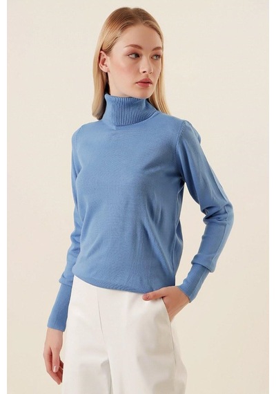 Onno Style Women Düz Balıkcı Yaka Basic Kazak Mavi
