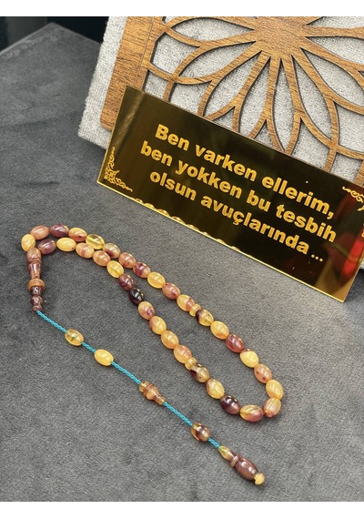 Bürokrat Boy Badem Kesim Alacalı Bal Sarısı Sıkma Kehribar Tesbih 6x8 Mm Sarı