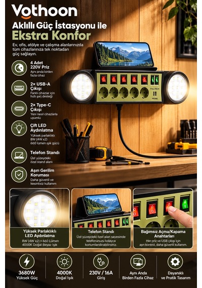 Akıllı Masaüstü Duvar Tipi Akım Korumalı 5 Li Priz 3680w Led Işıklı Usb-a Type-c Telefon Standlı Diğer