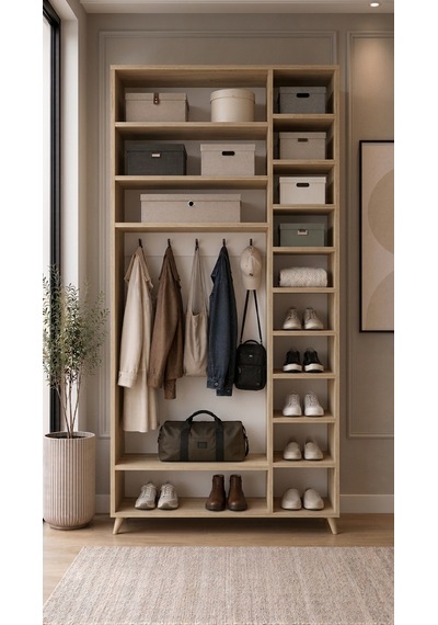 Alara Tamamı Mdf Aynalı Portmanto Vestiyer Ayakkabılık Meşe 120 Cm - M5