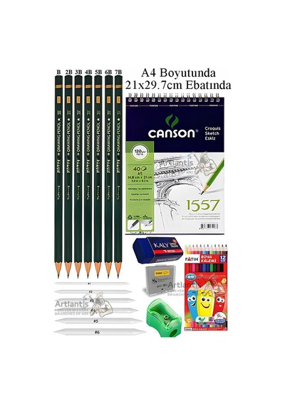 Canson A4 Eskiz Defteri 1557 40 Yaprak Fatih Dereceli Kalem 12 Renk Kuru Boya Sketch Karakalem 6 Lı Gölgelendirme Hamur