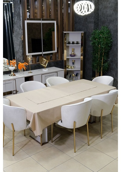 Dream 8 Parça Masa Örtüsü Seti Çeyiz Seti Salon Masa Örtüsü, Runner, 6'lı Peçete Cappuccino