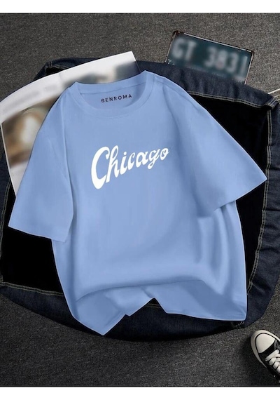 Oversıze Chicago Baskılı Unısex Tisort Baskılı Mavi