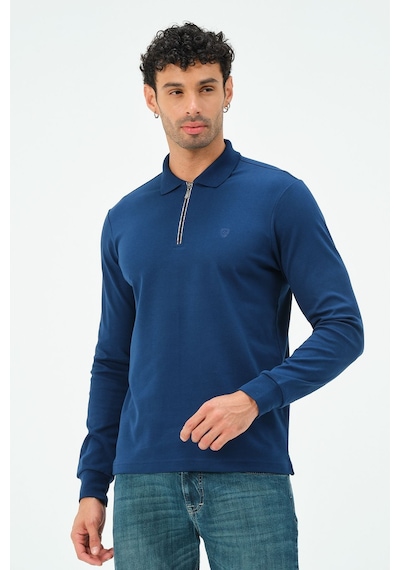 Fermuarlı Uzun Kollu Regular Fit Erkek Polo Yaka T-shirt Marin