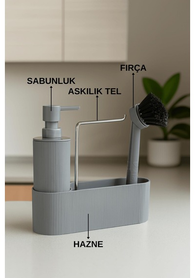 Gri Sabunluk Fırçalı Mutfak Lavabo Düzenleyici Seti- Sabunluk,fırça Ve Organizer gri