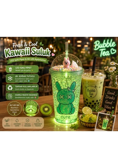 Çift Katlı İçecek Bardağı Led Işıklı Pipetli Kawaii Chibi Sevimli Tavşan Figürlü Suluk 450 Ml Yeşil