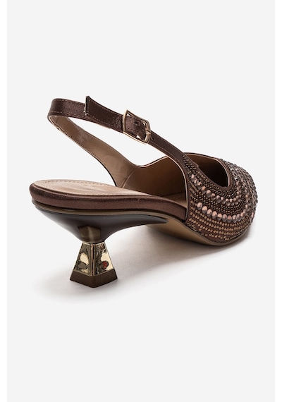 Luvishoes Royale Kahverengi Saten Taşlı Kadın Kısa Topuklu Abiye Ayakkabı