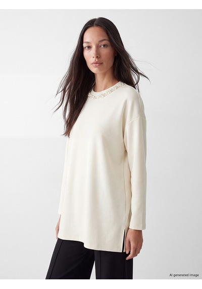 Lcw Everyday Ekru Taşlı Soft Touch Oversize Kadın Sweatshirt Tunik