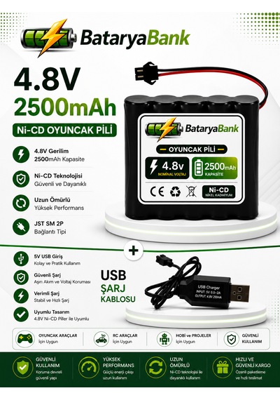 4.8v 2500mah Oyuncak Pili Siyah Soket + Usb Şarj Aleti