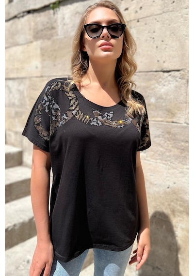 Rich Glam Bol Kalıp Leopar Crystal Taşlı Büyük Beden Kırmızı Şık Rahat Kadın T-shirt Siyah