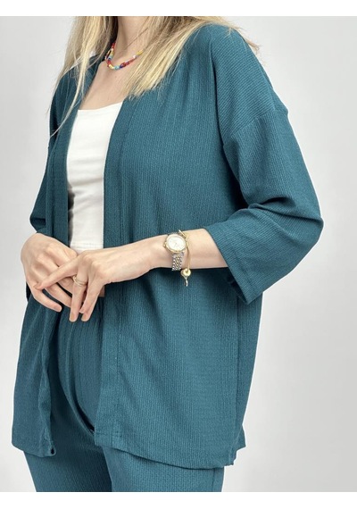 Kadın Pantolonlu Alt Üst İkili Kimono Takım Rahat Kalıp Petrol Mavi