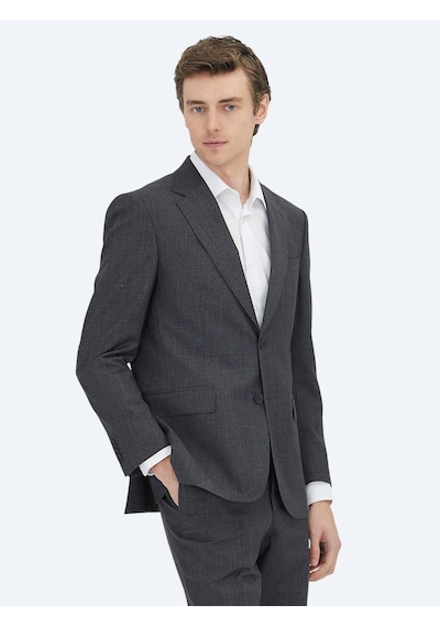 Antrasit Çizgili Modern Fit Yün Karışımlı Takım Elbise Antrasit