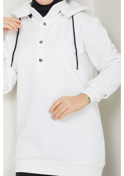 Esilanur Çıkarılabilir Kapüşonlu 3 İplik Şardonlu Sweatshirt Beyaz