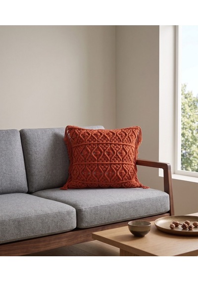 Toprak Tonlarında Yan Püsküllü Dekoratif Kılıf -makrome Kırlent Kılıfı 45x45 Cm Diğer