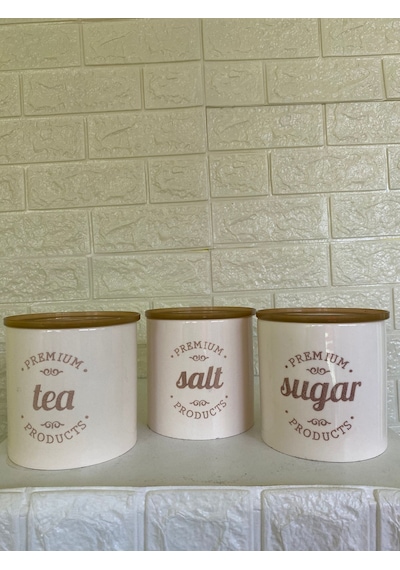 3'lü Vakumlu Kapaklı Porselen 1000 Ml Tea/salt/sugar Çay Tuz Şeker Kavanoz Seti