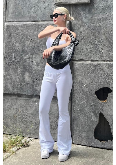 Madmext Beyaz Beli Fitilli Yüksek Bel İspanyol Paça Pantolon Mg2096-beyaz Beyaz