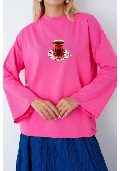 Herkesemoda Çay Bardağı Baskılı Uzun Kollu Tesettüre Uygun Body Pembe