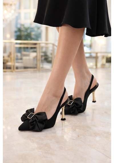 Modaonn Kadın Büyük Fiyonklu Slingback Topuklu Ayakkabı Siyah