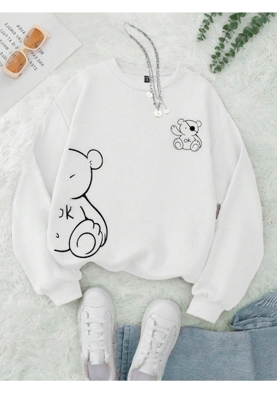 Startmore Beyaz Unisex Erkek/kadın Ok Bear Özel Renkli Baskılı Oversize Pamuklu Bisiklet Yaka