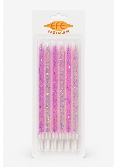 Pembe Beyaz Uzun Pul Simli Pasta Mumu 17 Cm Karışık