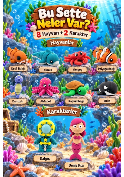 Tigglo 10'lu Hareketli Mini Hayvan Ve Karakter Figür Oyuncak Seti Çiftlik, Okyanus, Safari Ve Orman Tema Seçenekleri Okyanus Hayvanları