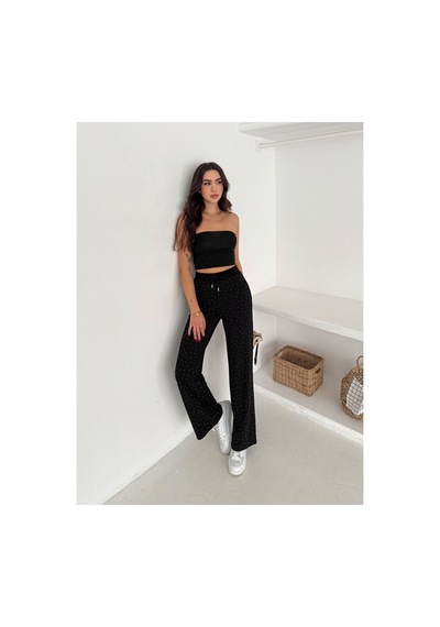 Gugus Kadın Bol Paça Modal Eşofman Altı Taşlı Wide Leg Model Siyah