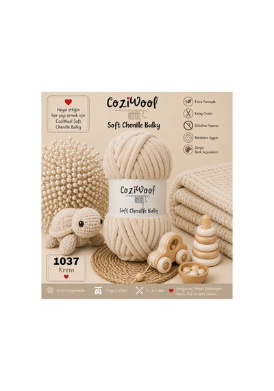 Kadife İp Soft Chenille Bulky 5'li Paket 5x100 Gr 120 Mt El Örgü İpi Krem - 875823131