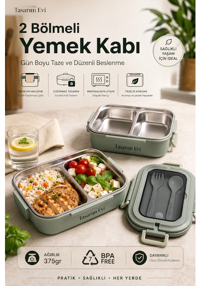 2 Bölmeli Paslanmaz Çelik Yemek Kabı Sızdırmaz Kapaklı, Taşınabilir Beslenme Kabı Yeşil